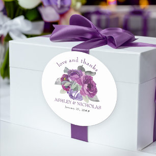 Sticker Rond Mariage Élégant Fleurs Violettes Amour et Merci