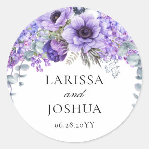 Sticker Rond Mariage Élégant Fleurs Violettes et Feuillage