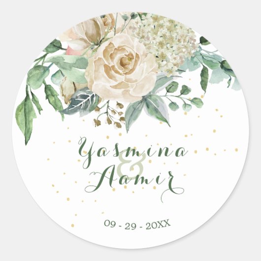 Sticker Rond Mariage Élégant Floral Neutre Rose Or (Devant)