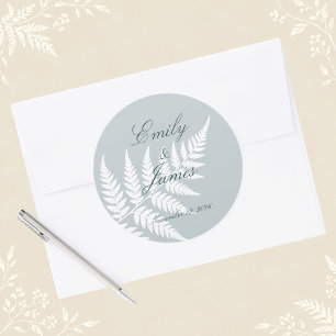 Sticker Rond Mariage Élégant Fougère Blanche Bleu Glacé