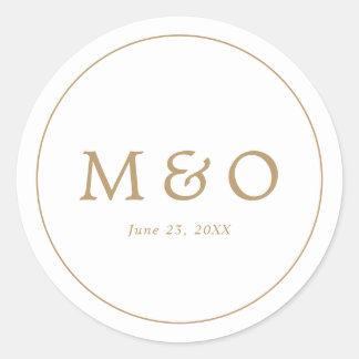 Sticker Rond Mariage Élégant Minimaliste Bordure Monogramme Or