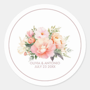 Sticker Rond Mariage Élégant Moderne à l'Aquarelle avec Pivoine