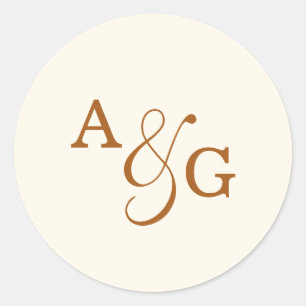 Sticker Rond Mariage Élégant Monogramme Ampersand Cuivre Ivoire