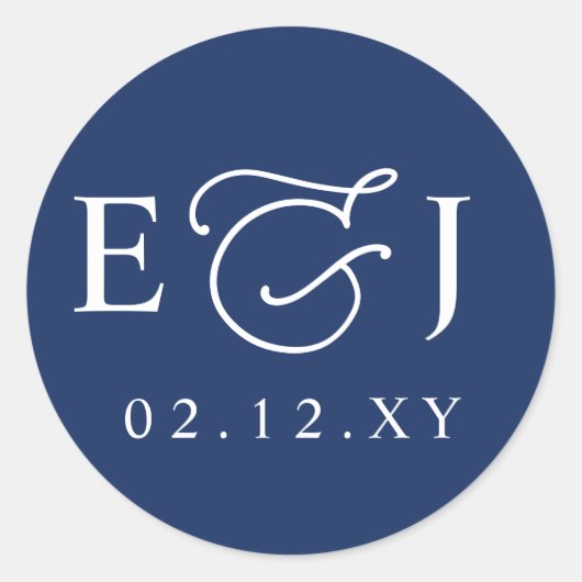 Sticker Rond Mariage Élégant Monogramme Bleu (Devant)