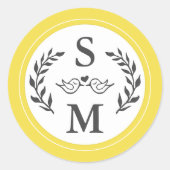 Sticker Rond Mariage élégant Monogramme moderne gris jaune Fave (Devant)