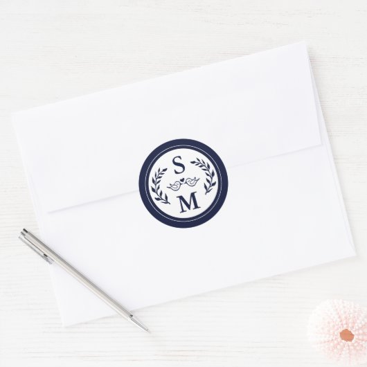 Sticker Rond Mariage élégant Monogramme moderne Marine bleu Fav (Enveloppe)