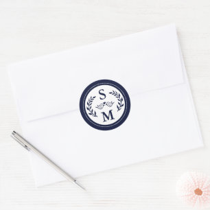 Sticker Rond Mariage élégant Monogramme moderne Marine bleu Fav