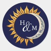 Sticker Rond Mariage Élégant Monogramme Soleil et Lune (Devant)