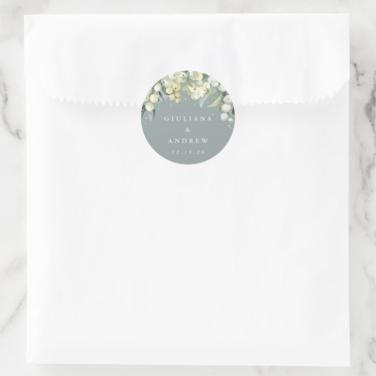 Sticker Rond Mariage Élégant Neige Verte + Eucalyptus (Sac)
