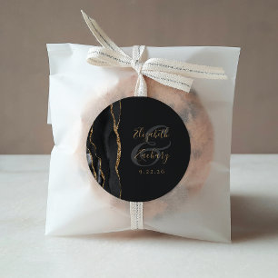 Sticker Rond Mariage élégant noir or foncé Agate Geode Script