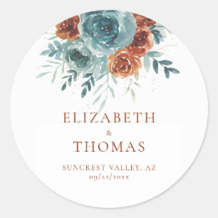 Sticker Rond Mariage Élégant Romantique Teal Orange Douce Autom