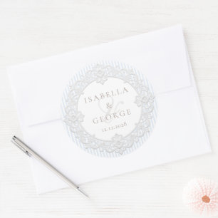 Sticker Rond Mariage en dentelle blanche vintage rayures bleues