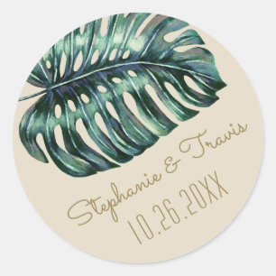 Sticker Rond Mariage en feuille de palme de Monstera Tropical