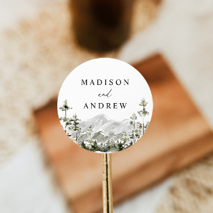 Sticker Rond Mariage en Forêt de Conifères Montagnarde Rustique