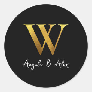 Sticker Rond Mariage en métal brossé en or Monogramme W Noir