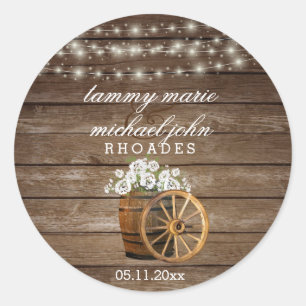 Sticker Rond Mariage en tonneau rustique en bois avec fleurs bl