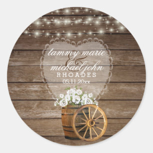 Sticker Rond Mariage en tonneau rustique en bois avec fleurs bl