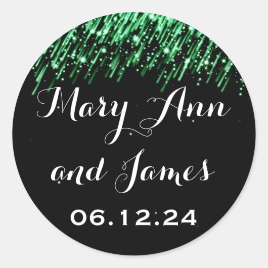 Sticker Rond Mariage Enregistrer La Date Tombant Étoiles Emeral (Devant)