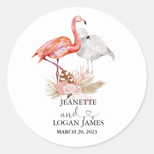 Sticker Rond Mariage Favor Flamant rose tropical Boho (Devant)