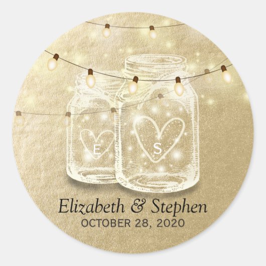 Sticker Rond Mariage Favor Mason Jar String Lights Gold Foil (Devant)