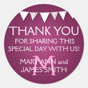 Sticker Rond Mariage Favor Tag Love Bunting Monogramme rose