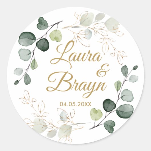 Sticker Rond Mariage Feuille d'or Eucalyptus Twigs (Devant)