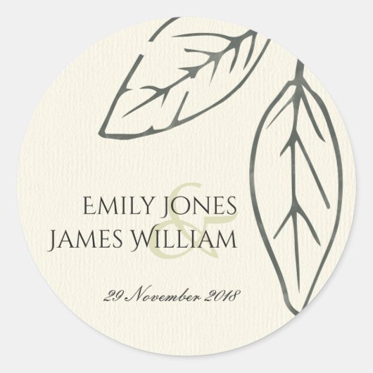 STICKER ROND MARIAGE FEUILLE MODERNE CONTEMPORAIN KRAFT WHITE (Devant)