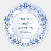 Sticker Rond Mariage Fleur Bleu Porcelaine (Devant)