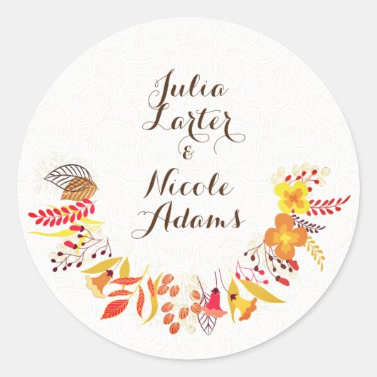 Sticker Rond Mariage Fleur de Boho Orange Violet Feuillage (Devant)