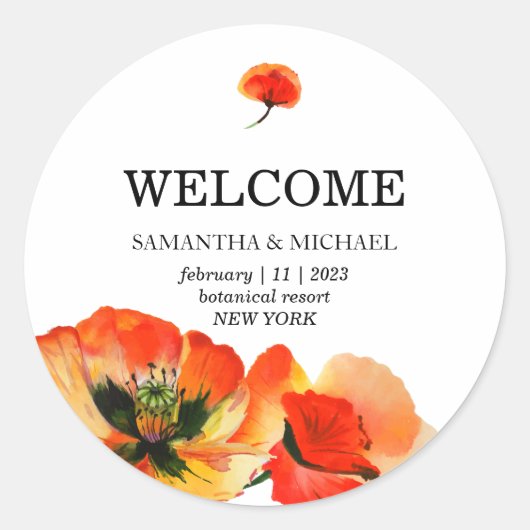 Sticker Rond Mariage Fleur de Pavot Rouge Classique (Devant)