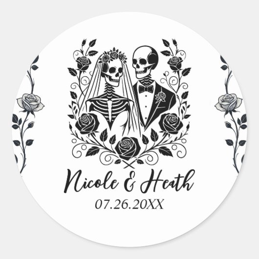 Sticker Rond Mariage Fleur de Rose de Squelette Noir Blanc (Devant)