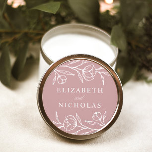 Sticker Rond Mariage Fleur Esquisée Rose Poussiéreuse