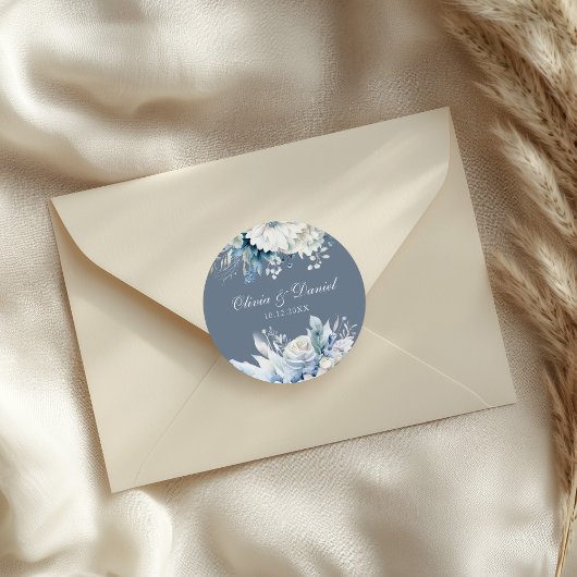 Sticker Rond Mariage Fleur sauvage Dusty Blue moderne
