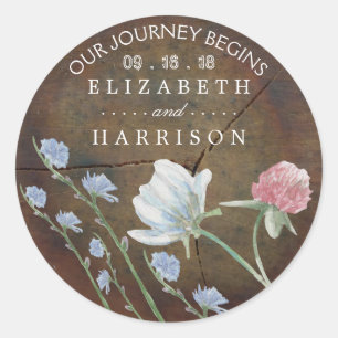 Sticker Rond Mariage fleur sauvage en chêne bois Favoriser
