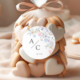 Sticker Rond Mariage Fleur sauvage rose et violet printemps