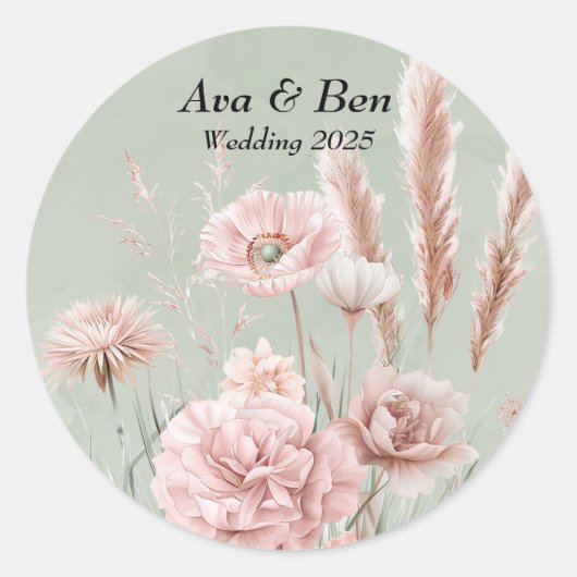 Sticker Rond Mariage Fleur sauvage Sage Green et Rose (Devant)