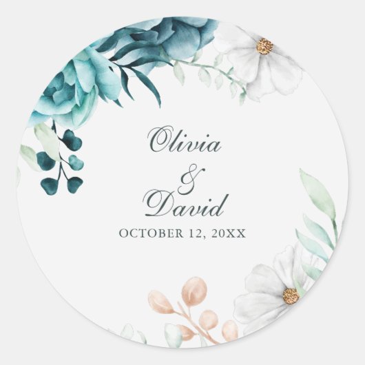 Sticker Rond Mariage Fleur sauvage turquoise et non blanc (Devant)