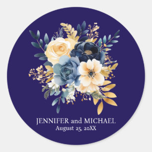 Sticker Rond Mariage Fleurie Bleu Nuit et Or