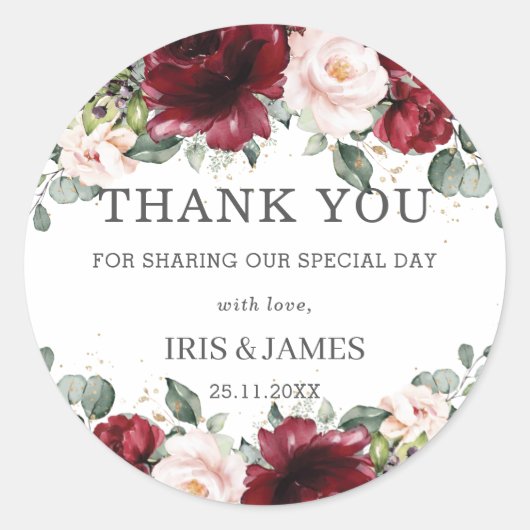 Sticker Rond Mariage Fleuris Rose Bourguignon Fête d'Anniversai (Devant)