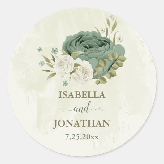 Sticker Rond mariage fleurs blanches vert sauge (Devant)