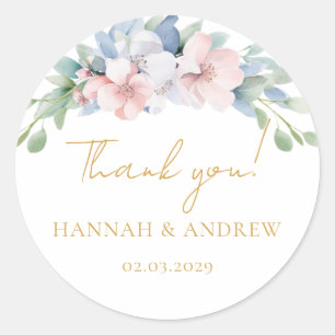 Sticker Rond Mariage Fleurs Bleues Roses Élégantes