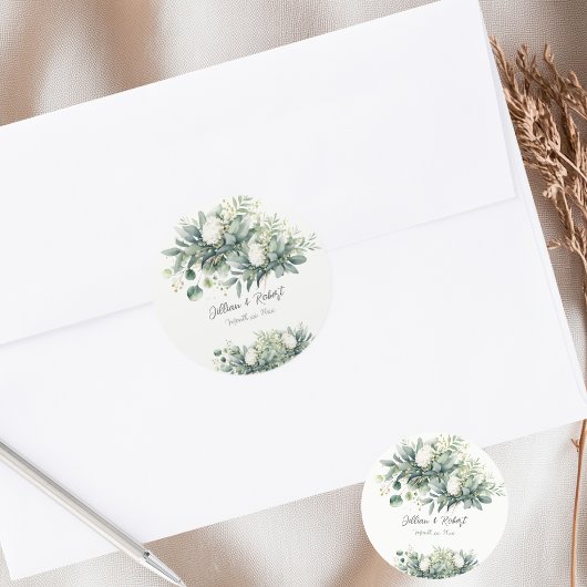 Sticker Rond Mariage Fleurs Douces de Verdure Accent Doré