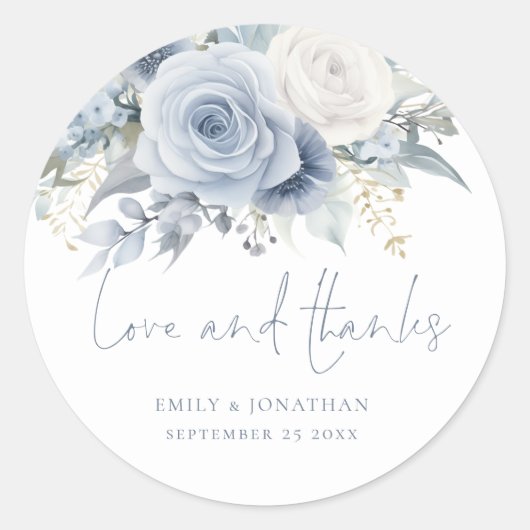 Sticker Rond Mariage Fleurs Modernes Amour Merci Bleu Poussiére (Devant)