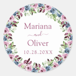 Sticker Rond Mariage floral aquarelle bleu marine et bordeaux