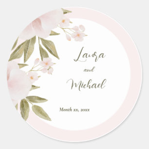 Sticker Rond Mariage Floral Aquarelle Élégant Rose Tendre 