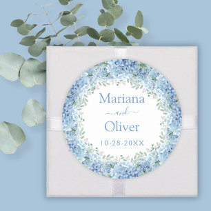 Sticker Rond Mariage Floral Aquarelle Hortensias Bleus