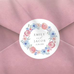 Sticker Rond Mariage floral aquarelle rose et bleu chic