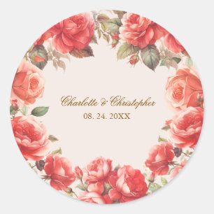 Sticker Rond Mariage Floral Aquarelle Roses Rouges Romantique