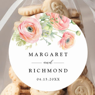 Sticker Rond Mariage Floral au Ranunculus Rose Tendre