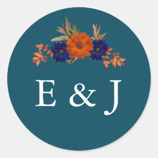 Sticker Rond Mariage Floral Automnal Rustique Orange Bleu Nuit